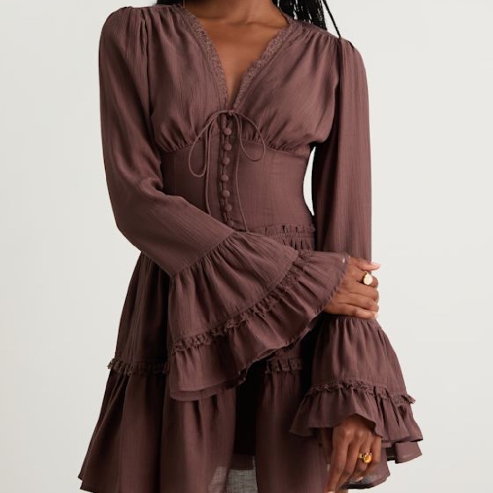 Lulus Ayaana Brown Long Sleeve Tiered Mini Dress - Size L